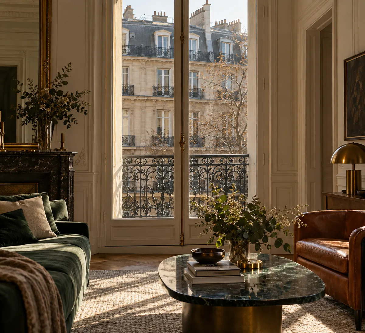 Haute fenêtre à double vitrage dans un appartement haussmannien, cadre en chêne fin et vue sur une façade en pierre (illustration générée par IA)