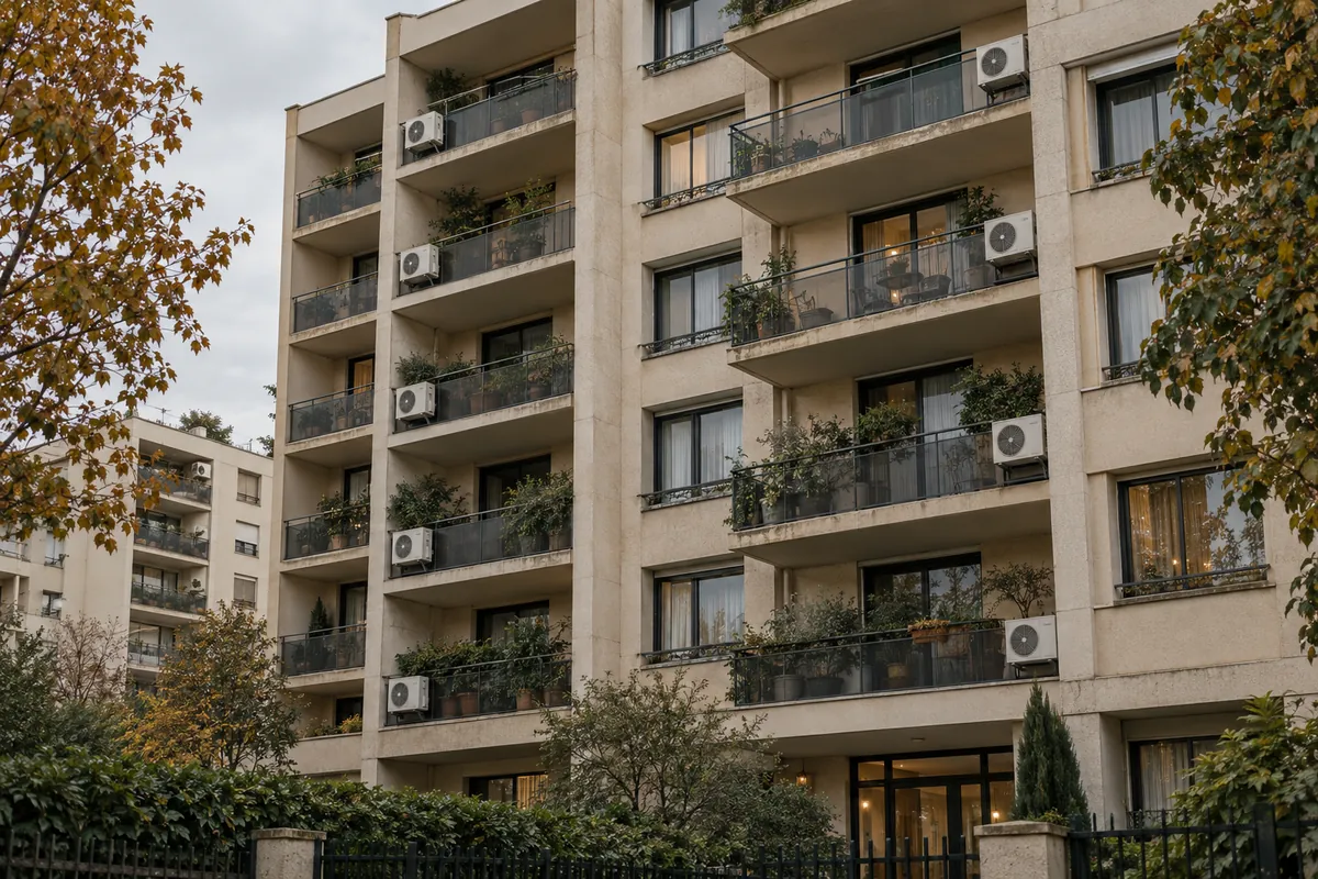 Façade d'un immeuble des années 70 de banlieue parisienne avec une unité extérieure de climatisation sur chaque balcon (illustration générée par IA)