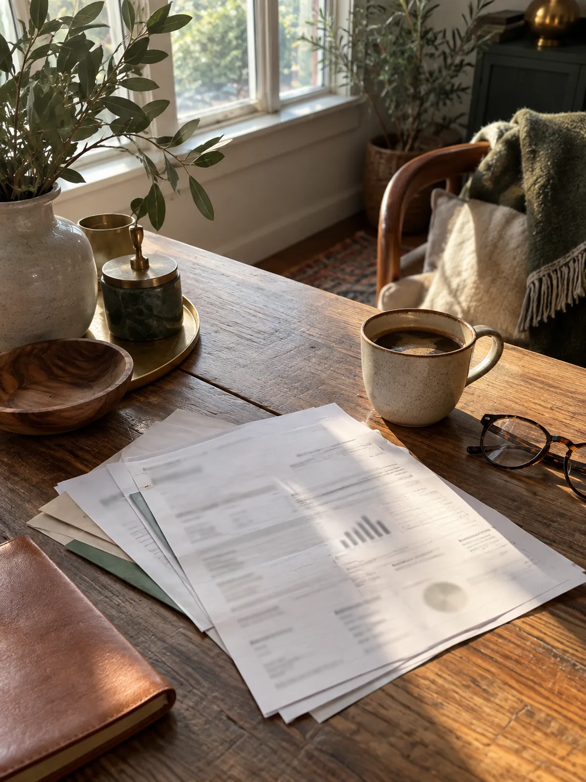 Factures d'énergie sans texte lisible, tasse de café et lunettes sur une table en bois près d'une fenêtre (illustration générée par IA)
