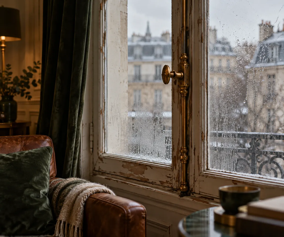 Vieille fenêtre en bois à simple vitrage couverte de condensation, peinture écaillée et espagnolette en laiton (illustration générée par IA)
