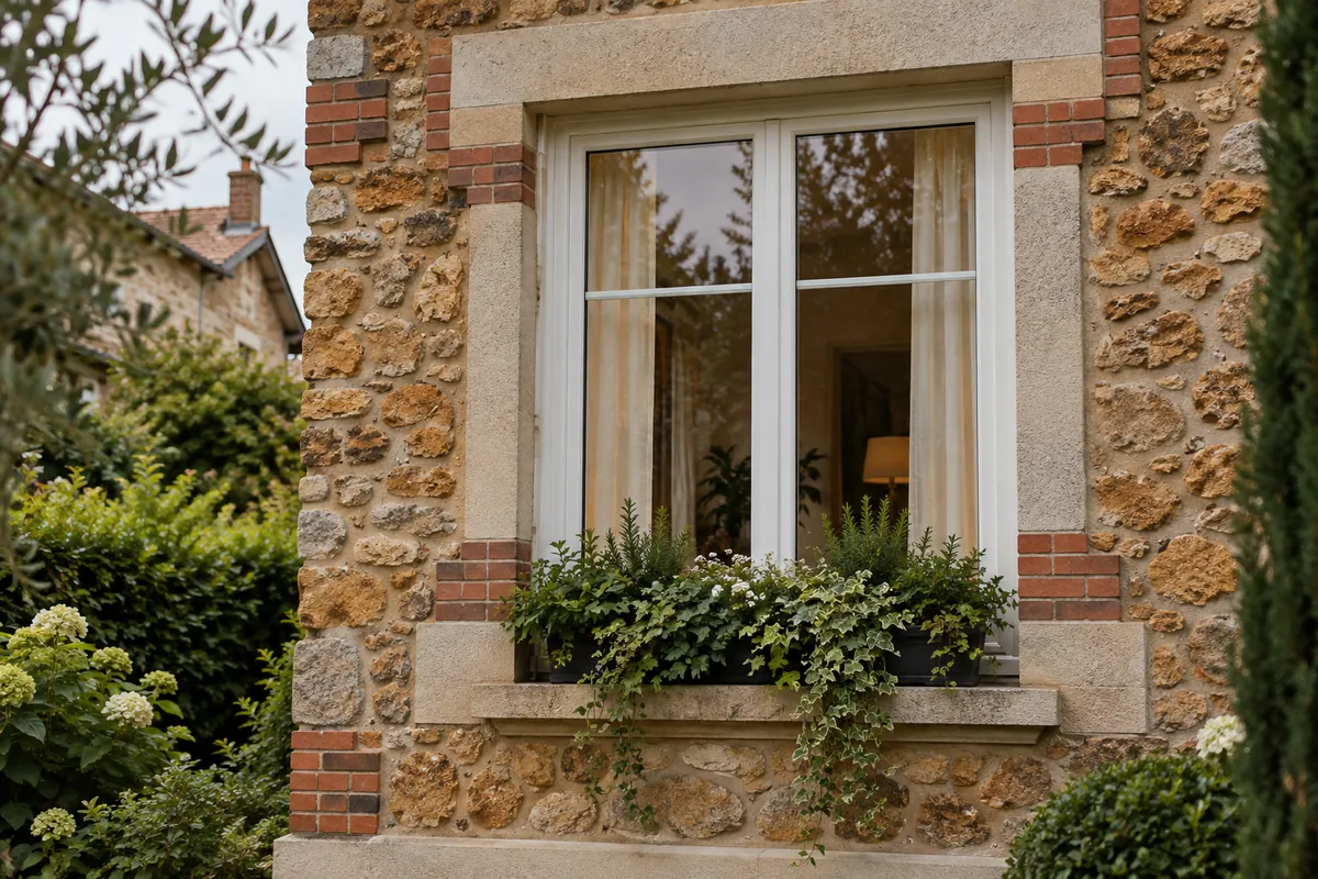 Fenêtre blanche en PVC à double vitrage sur la façade en meulière d'un pavillon, jardinière fleurie (illustration générée par IA)