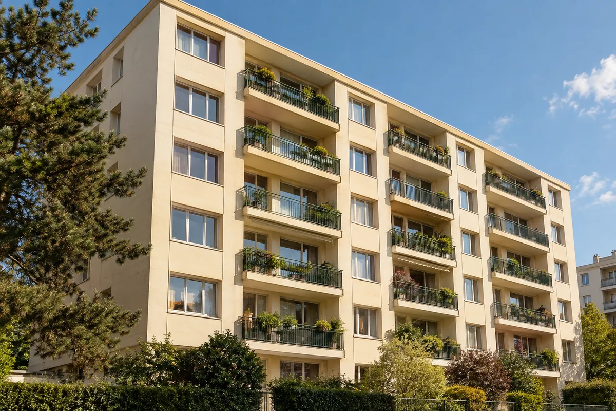 Immeuble des années 70 de banlieue parisienne à façade isolée de teinte crème, balcons fleuris et fenêtres neuves (illustration générée par IA)