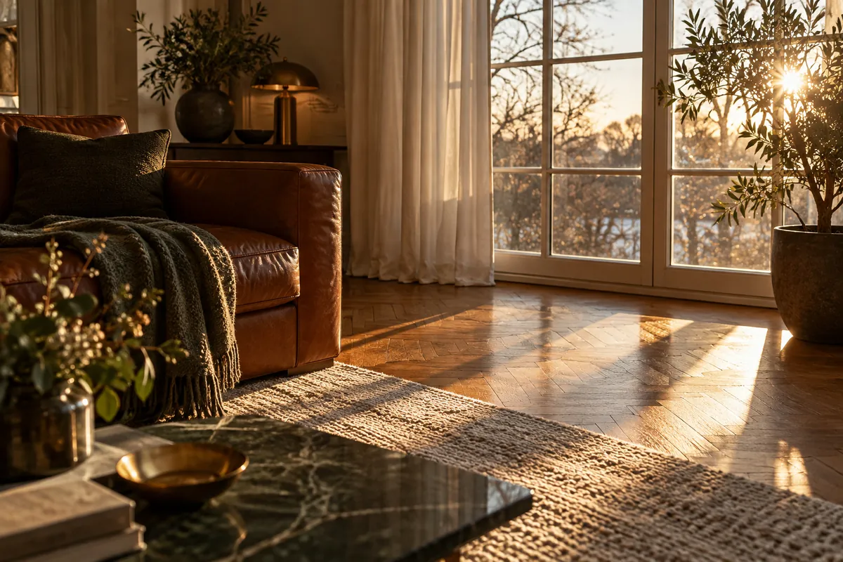 Soleil bas d'hiver traversant un double vitrage sur le parquet d'un salon chaleureux, canapé en cuir et rideaux ivoire (illustration générée par IA)