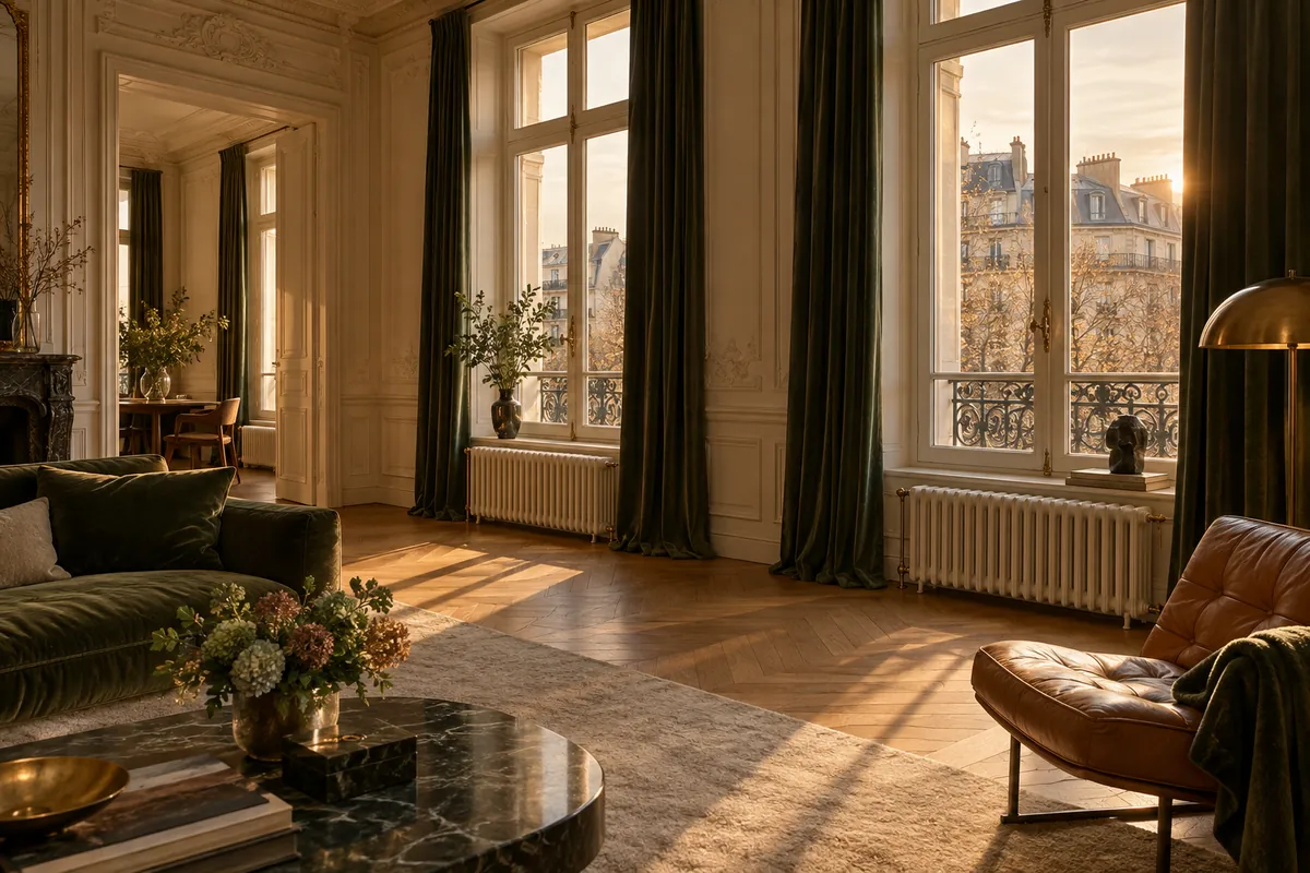 Radiateurs en fonte sous les hautes fenêtres d'un salon haussmannien, parquet en point de Hongrie et lumière basse d'hiver (illustration générée par IA)