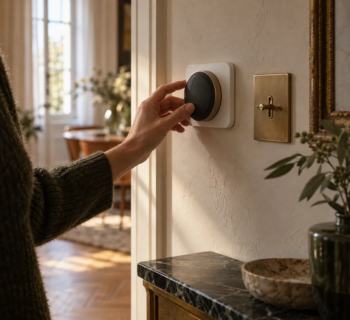 Main réglant un thermostat mural minimaliste à côté d'un interrupteur en laiton sur un mur d'enduit clair (illustration générée par IA)