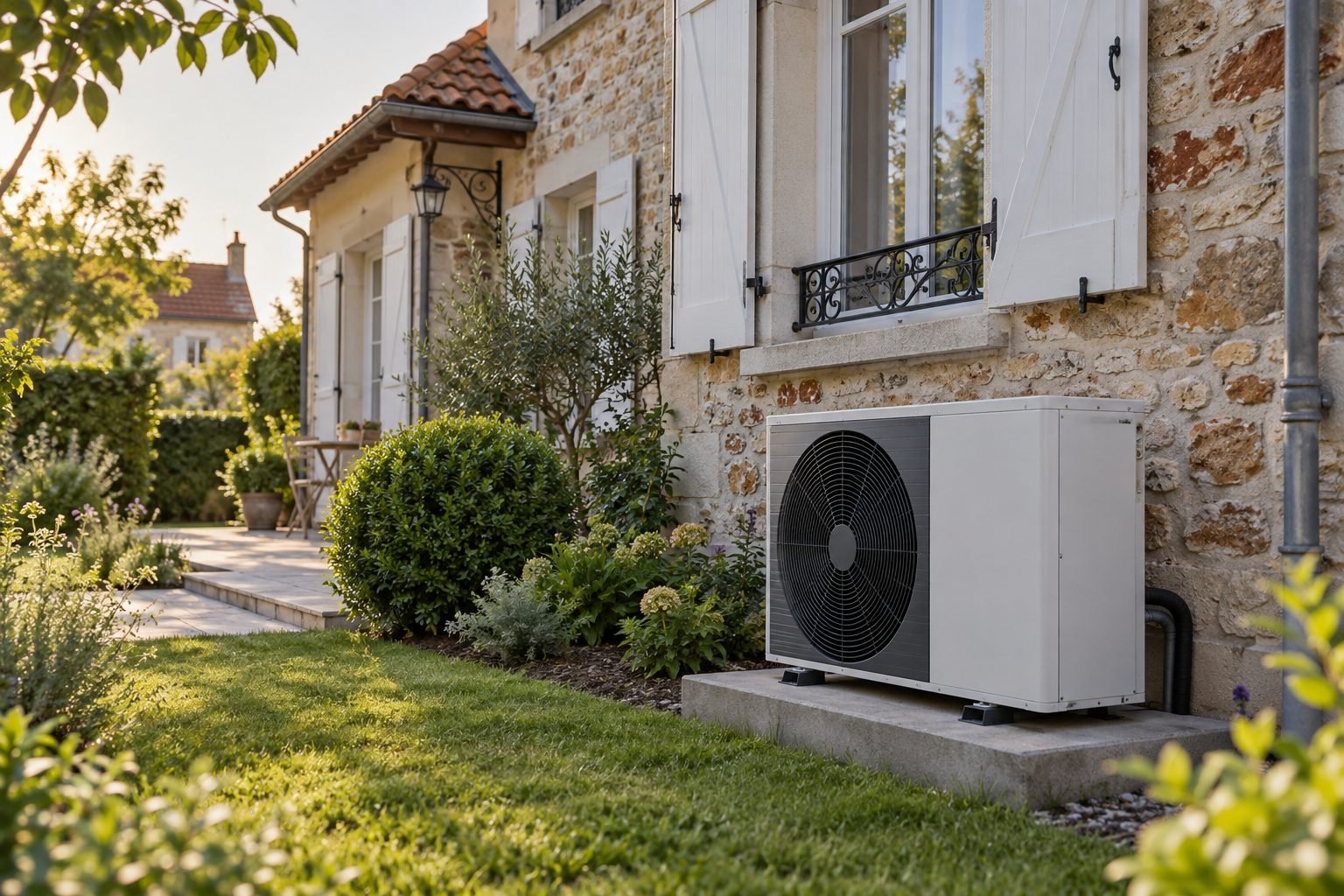 Pavillon avec une unité extérieure de pompe à chaleur installée le long du mur